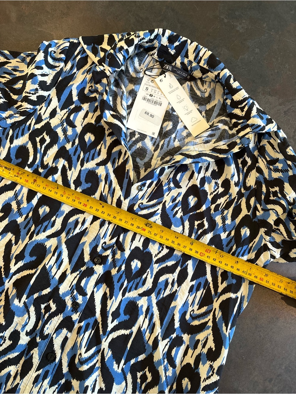 Zara Blue and Cream Ikat-Print Long Sleeve Maxi Shirt Dress with Tie Small - Picture 7 of 10